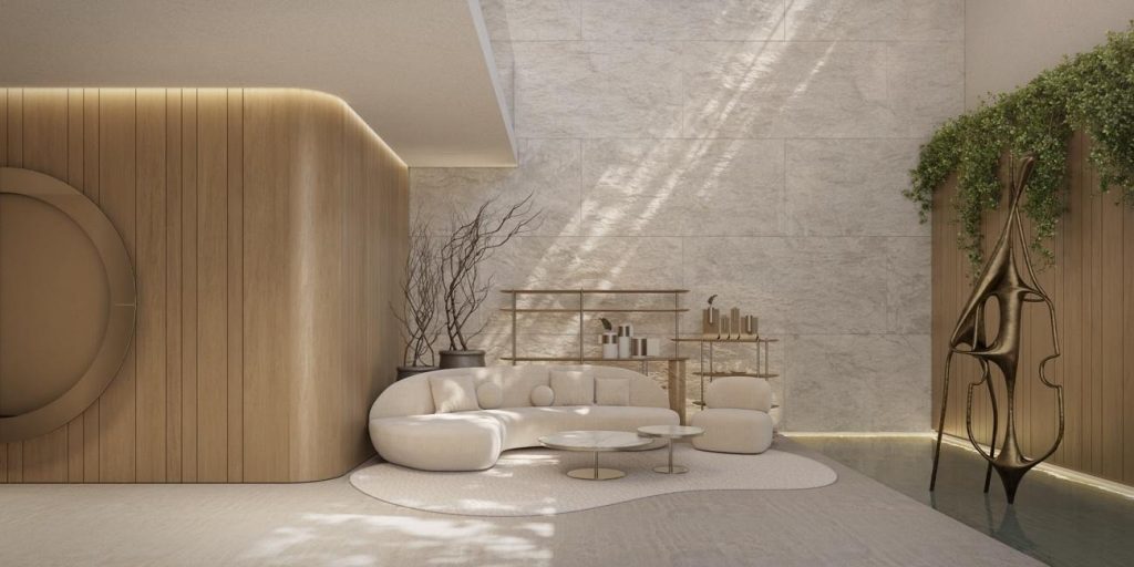 Hall de entrada do empreendimento com móveis Artefacto